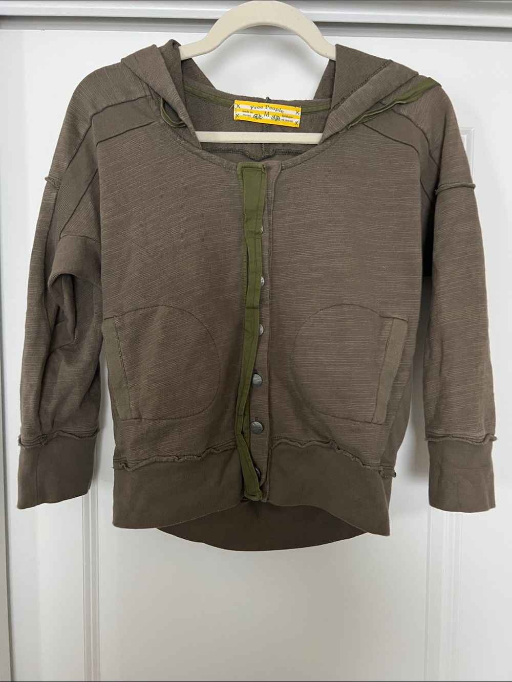 Free People Olive Hooded Button-Front Sweatshirt with Green Trim